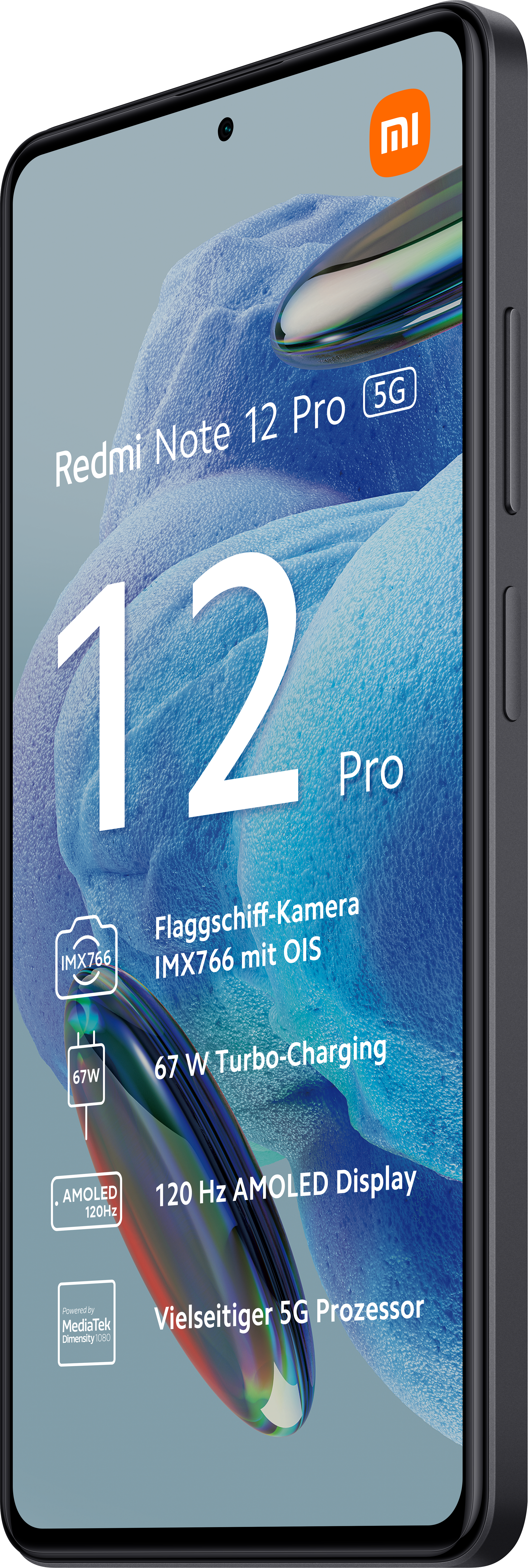 Uno smartphone nero mostra uno sfondo blu e bianco con testo e icone.