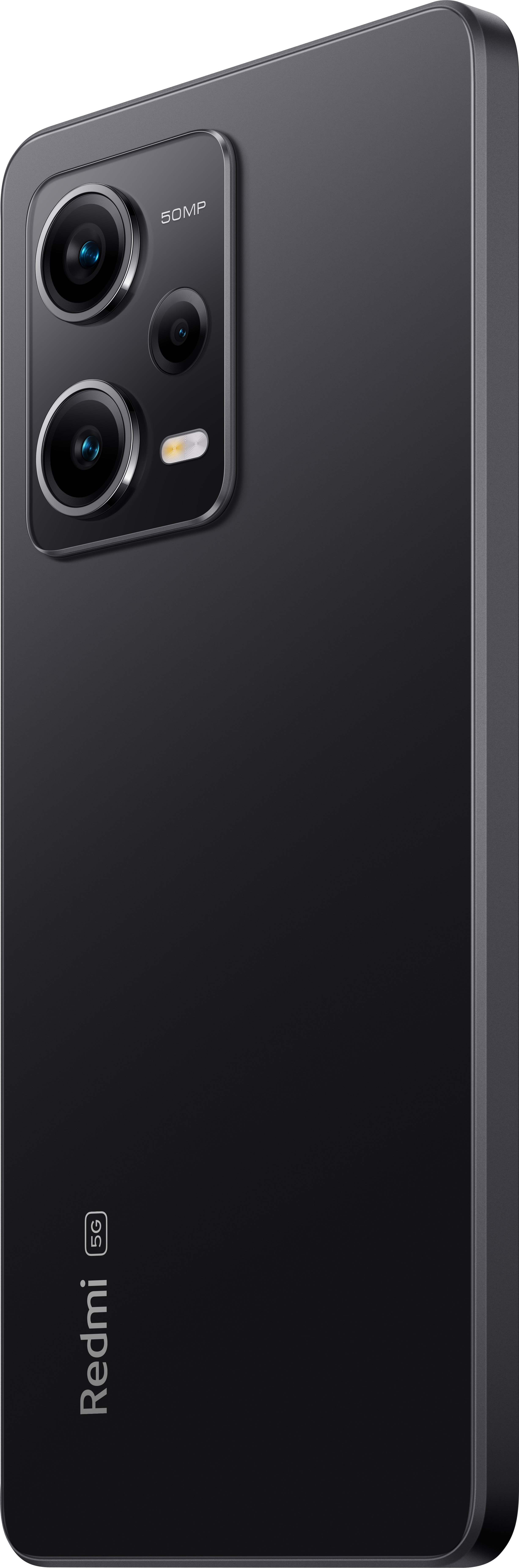 Uno smartphone nero con una configurazione a tripla fotocamera sul retro. Sfondo grigio.