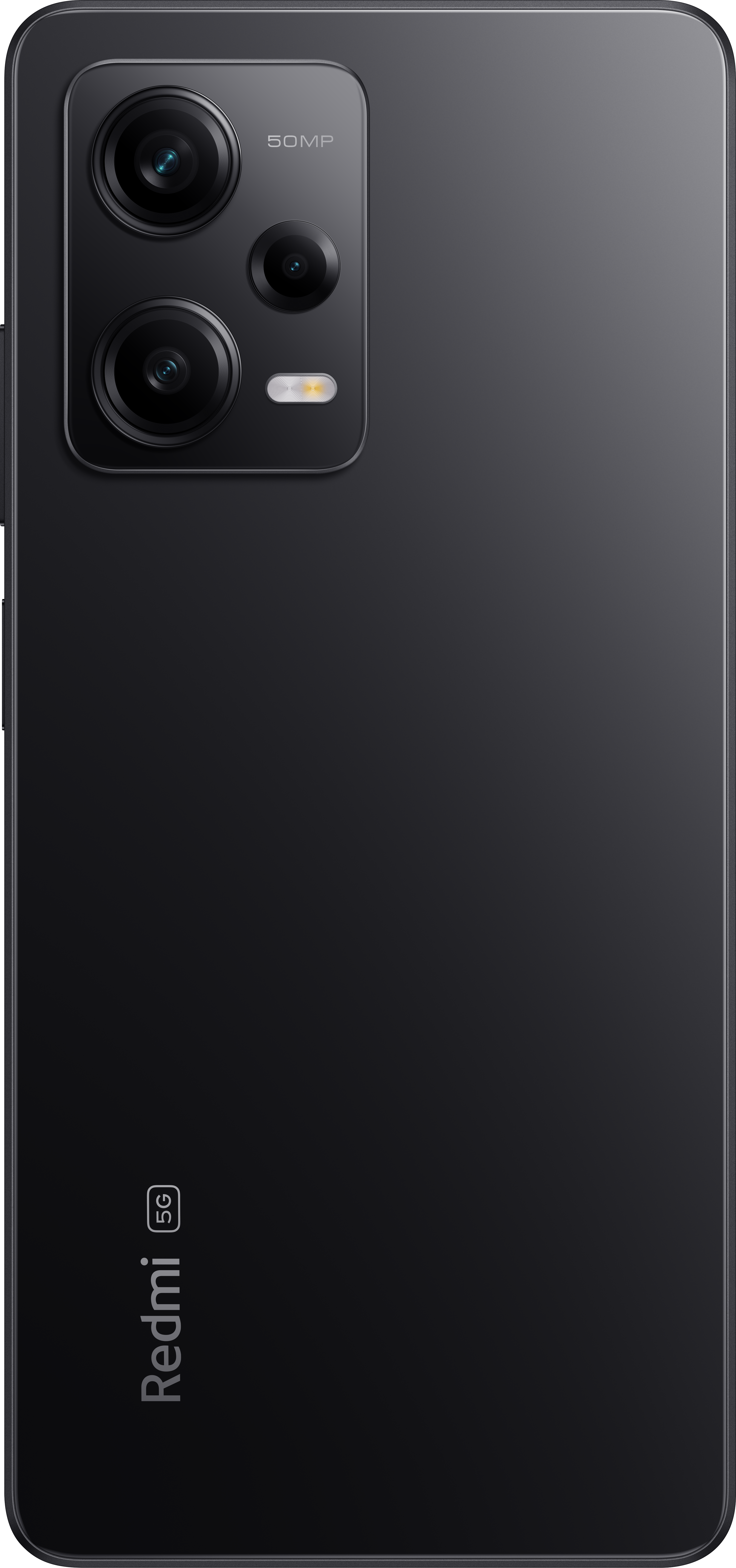 Retro smartphone nero con gruppo fotocamere, flash e logo Redmi. Testo fotocamera 50MP visibile.