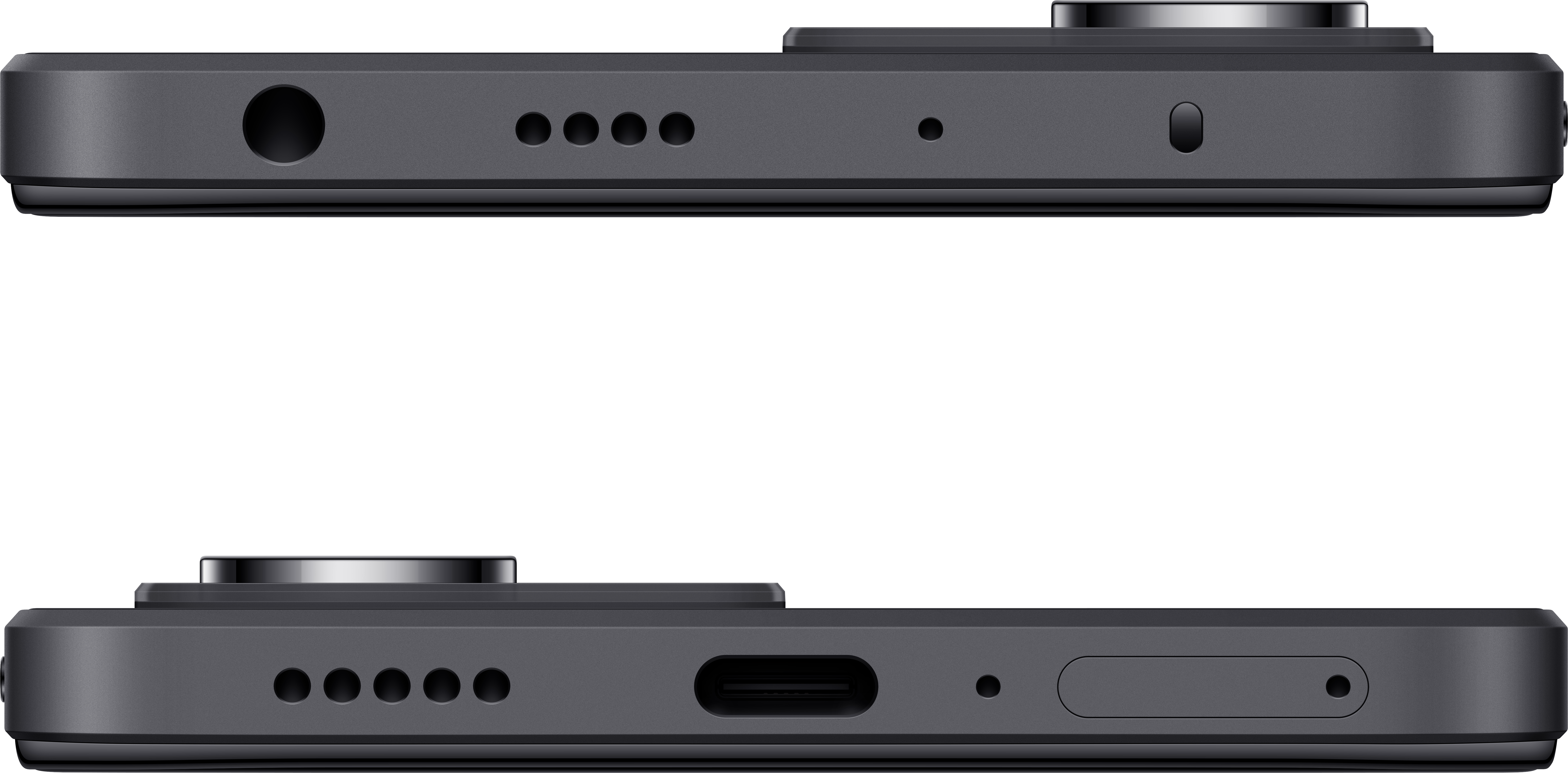 Due viste dettagliate di uno smartphone grigio scuro, che mostra porte e pulsanti. I bordi superiore e inferiore sono visibili.