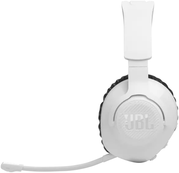 Fehér JBL fejhallgató mikrofonnal fekete háttér előtt látható.