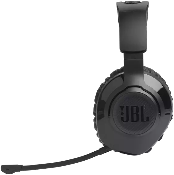 Fekete JBL fejhallgató mikrofonnal, fekete háttéren.