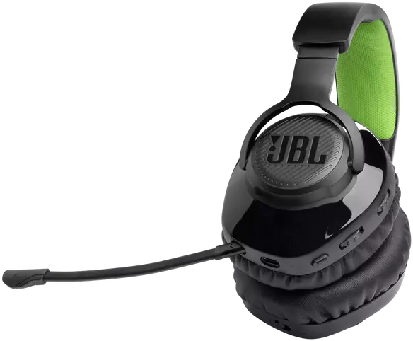 Fekete JBL fejhallgató mikrofonnal és zöld belső béléssel.