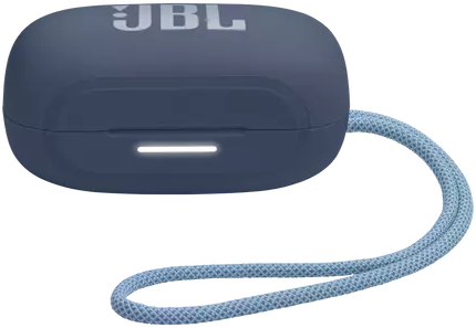 Kék JBL fülhallgató töltőtok előlapi fénnyel és kék pánttal.