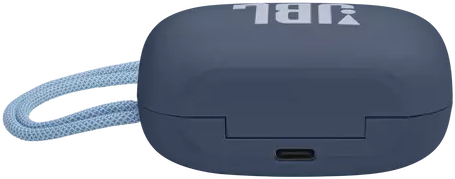 Kék JBL hangszóró közelképe világoskék pánttal és USB-C porttal.
