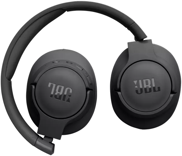 Összecsukott, fekete JBL fejhallgató. A JBL logó látható mindkét fülkagylón.