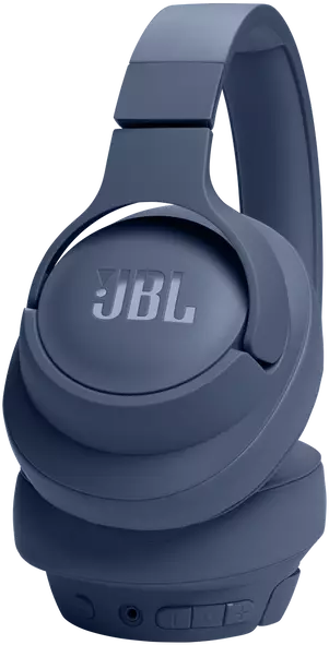 Kék JBL fejhallgató, ferde nézet. A fejhallgató fehér háttéren, a fülkagylók láthatók.