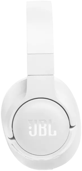 Fehér JBL fejhallgató, felülnézetben, fekete háttérrel.