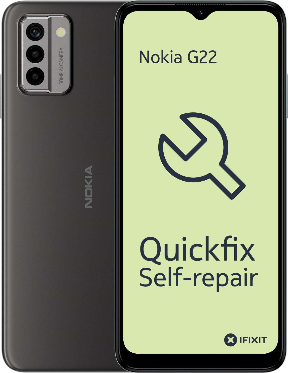 Téléphone Nokia G22, montrant l'arrière et l'écran.