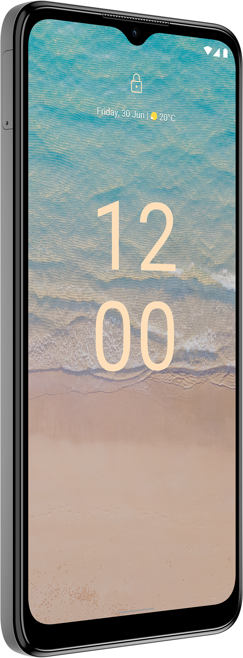 Un smartphone à cadre noir affiche une scène de plage avec l'heure 12h00 et la date du 30 juin.