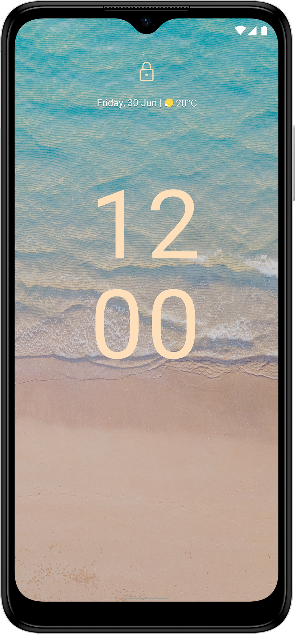 Téléphone Nokia, écran affiche 12:00, fond de plage avec mer et sable.
