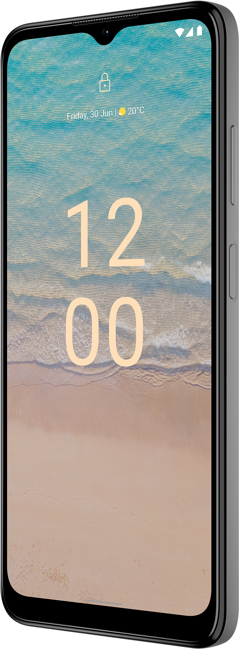 Smartphone Nokia avec image de plage sur l'écran. Cadre gris. Heure : 12h00, Temp : 20°C.