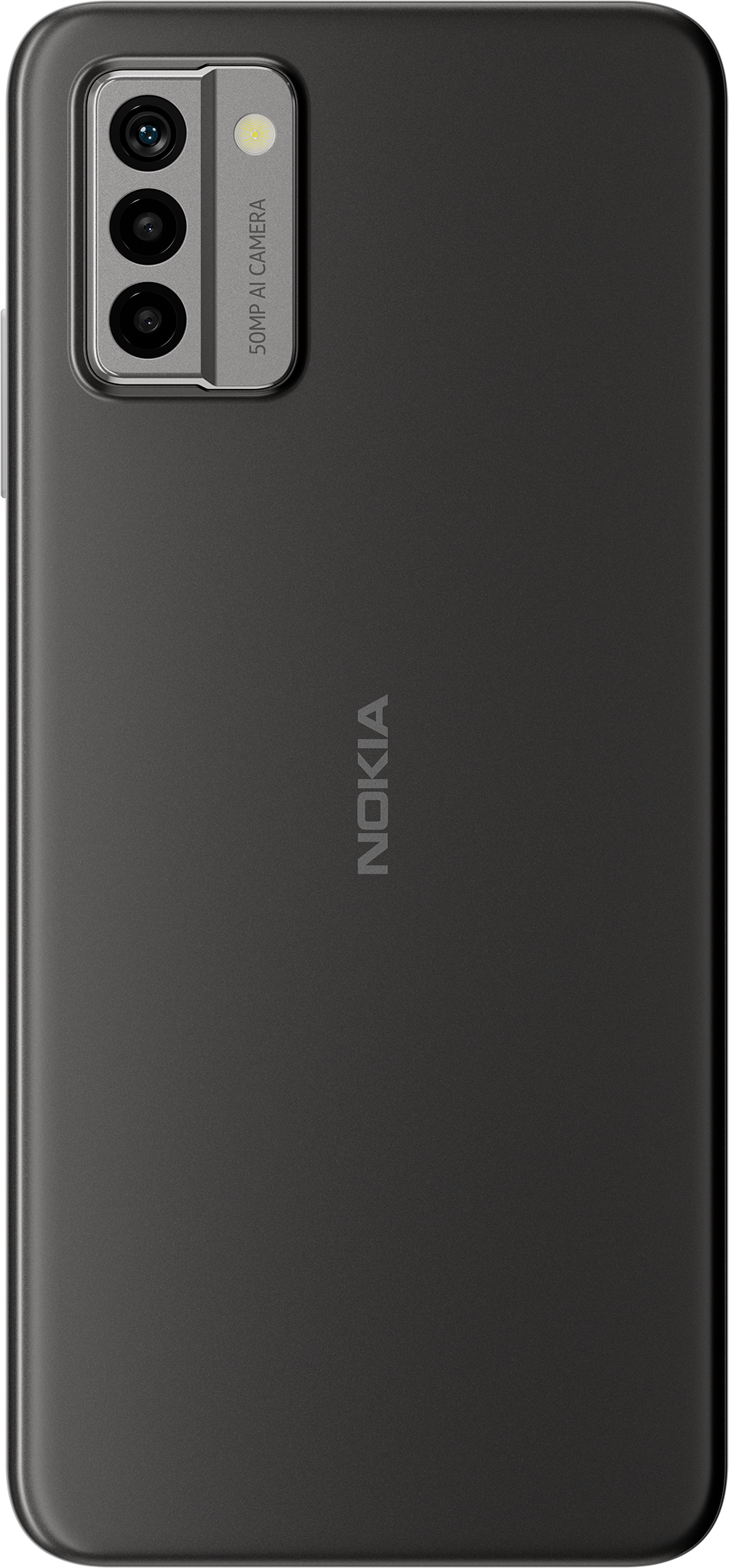 L'arrière d'un téléphone Nokia avec trois caméras et le logo Nokia. La couleur est grise.