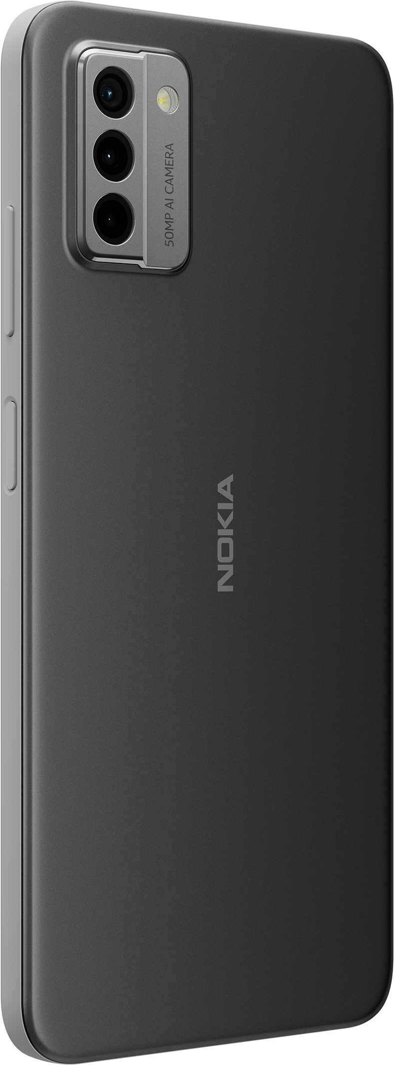 L'arrière d'un téléphone Nokia gris foncé avec des objectifs d'appareil photo et le logo Nokia.