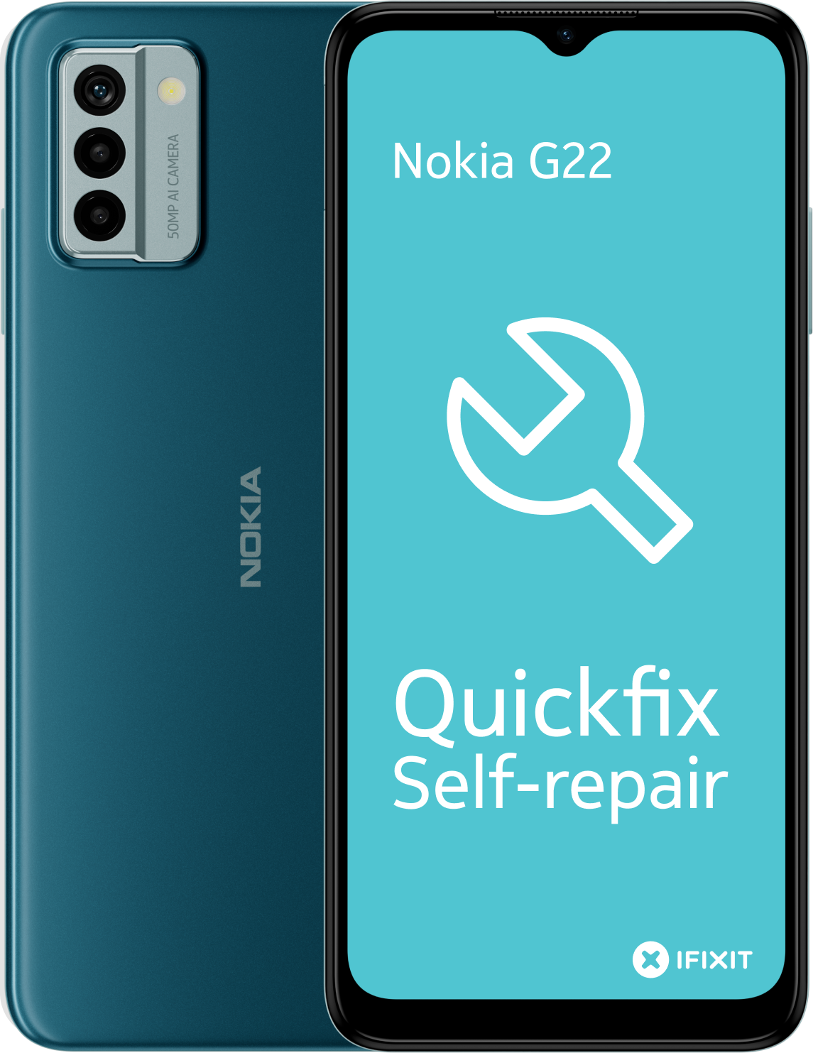 Téléphone Nokia G22, dos bleu canard, avec texte et logo de réparation à l'écran.