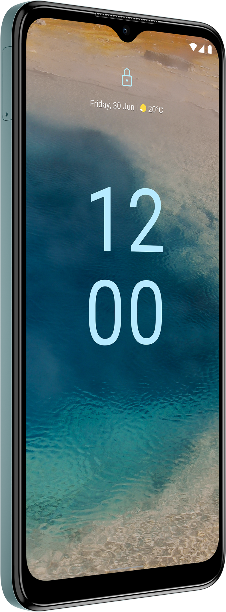 Un smartphone bleu canard affichant l'heure et la date sur son écran.