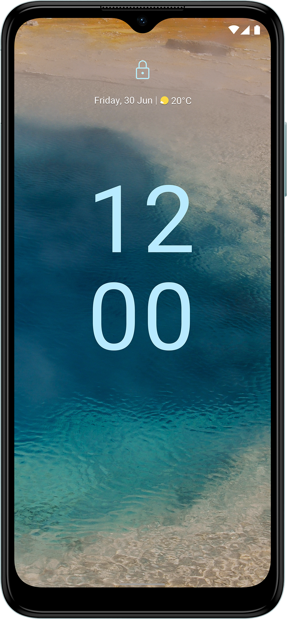 Écran de téléphone Nokia affichant l'heure et la date sur un arrière-plan flou de plage.