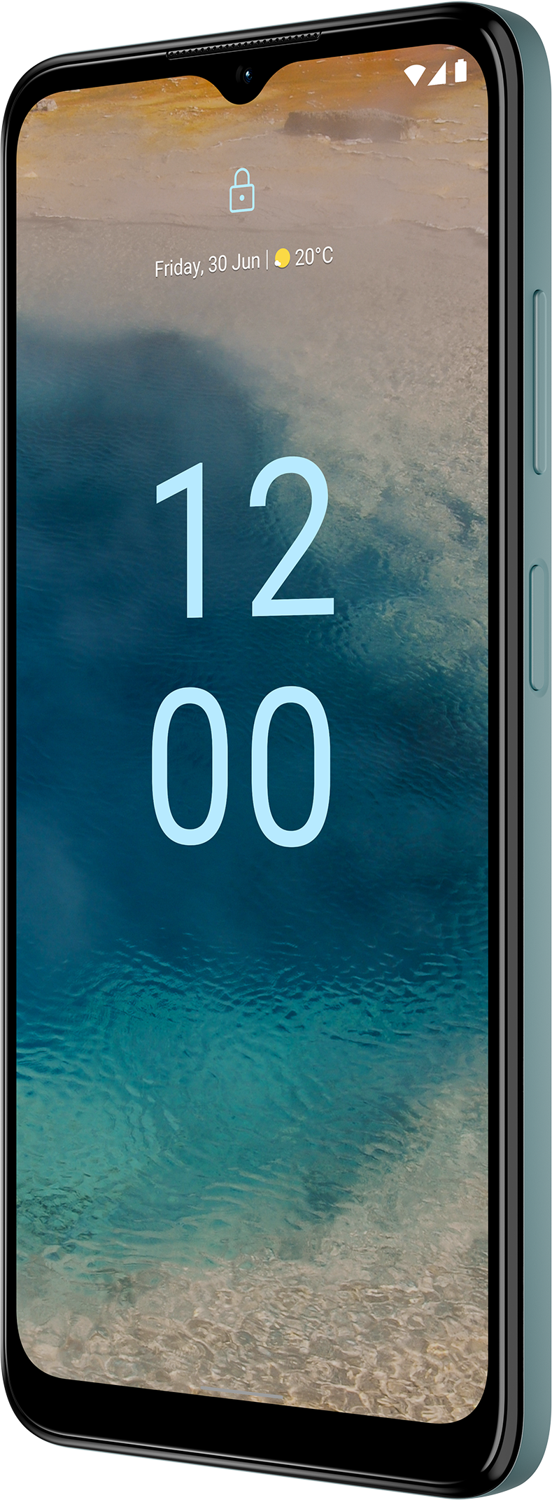 Un smartphone turquoise affichant l'heure et la date à l'écran.