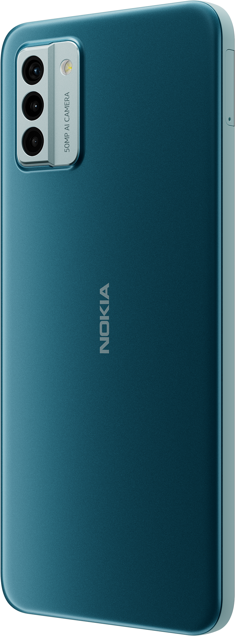 Un smartphone Nokia turquoise avec un module caméra et un cadre argenté.