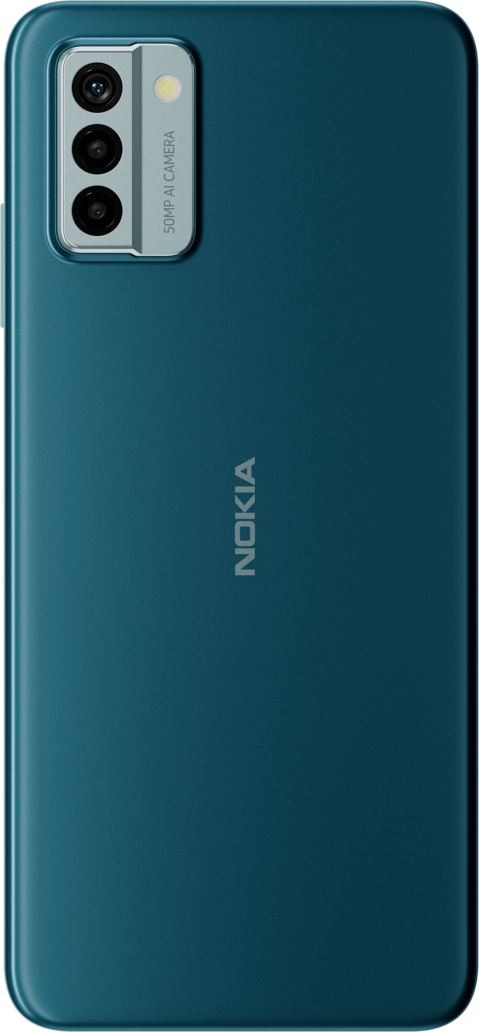 Un téléphone bleu-vert foncé, avec un ensemble de caméras en haut à gauche. Nokia est écrit verticalement.