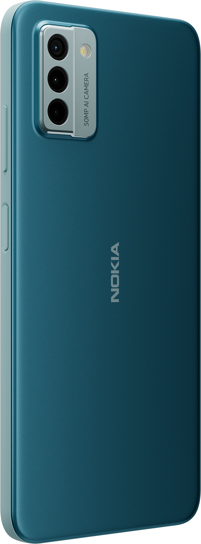 Téléphone Nokia bleu, vue en angle, avec appareil photo à trois objectifs au dos. Côtés bleu clair.
