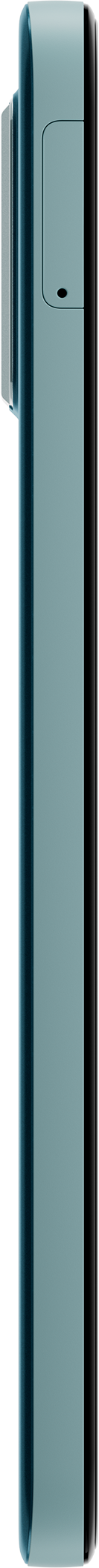 Vue latérale d'un téléphone bleu clair. Fond noir. Caméra et flash sur la partie supérieure de l'appareil.