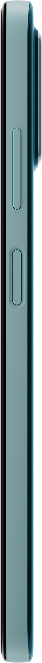 Vue latérale d'un téléphone sarcelle. Les boutons sont visibles. Fond noir.