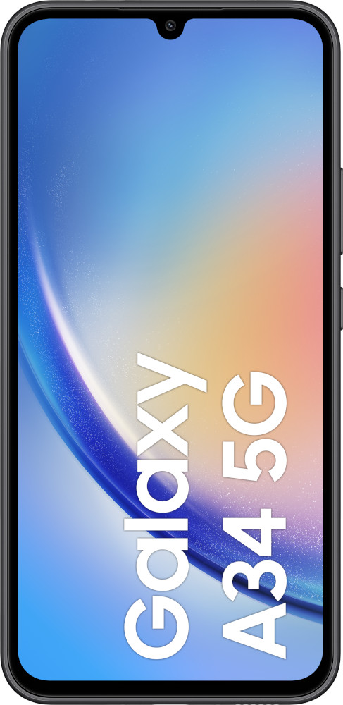 Een Samsung Galaxy A34 5G-telefoon, in een donkergrijze kleur.