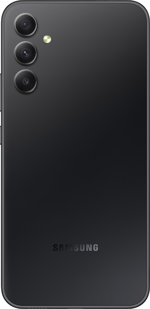 Achterkant van een zwarte telefoon met drie camera's en het Samsung-logo.