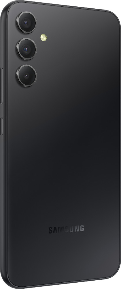 Zwarte smartphone. Drie camera's aan de achterkant. Samsung logo.