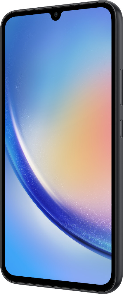 Zwarte smartphone in een hoek, met een blauw en geel scherm en een camera aan de voorkant.