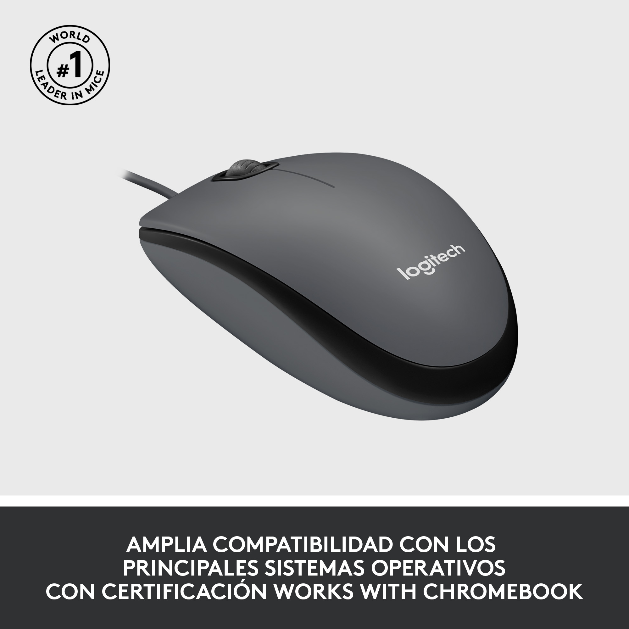 Un ratón Logitech gris oscuro, con el logo de Logitech, sobre una superficie blanca con texto debajo.