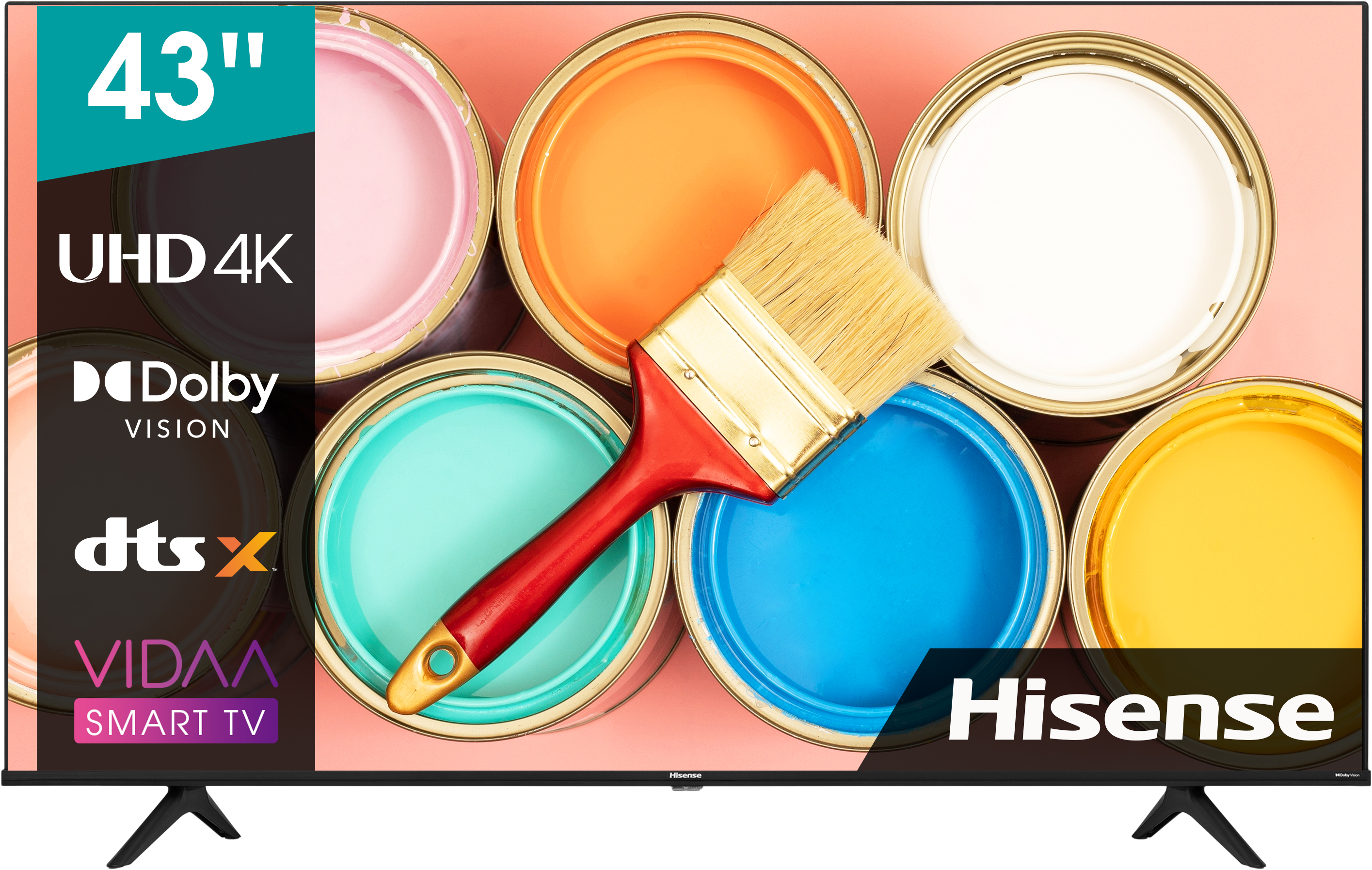 43"-es Hisense TV. Festékes dobozok a háttérben, ecset. Dolby Vision és DTS:X.