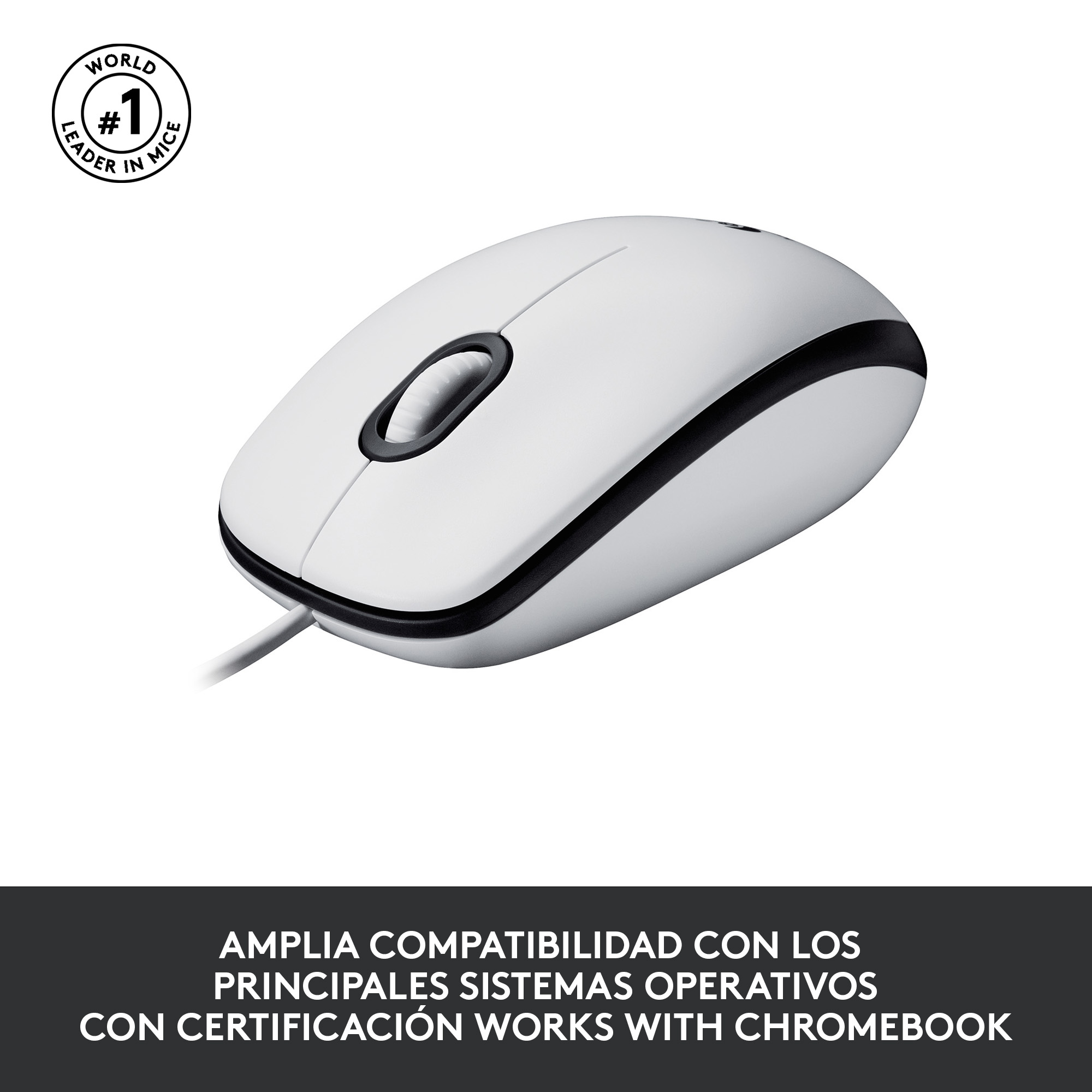 Ratón blanco con borde negro y cable, con texto que dice 'Líder mundial'.