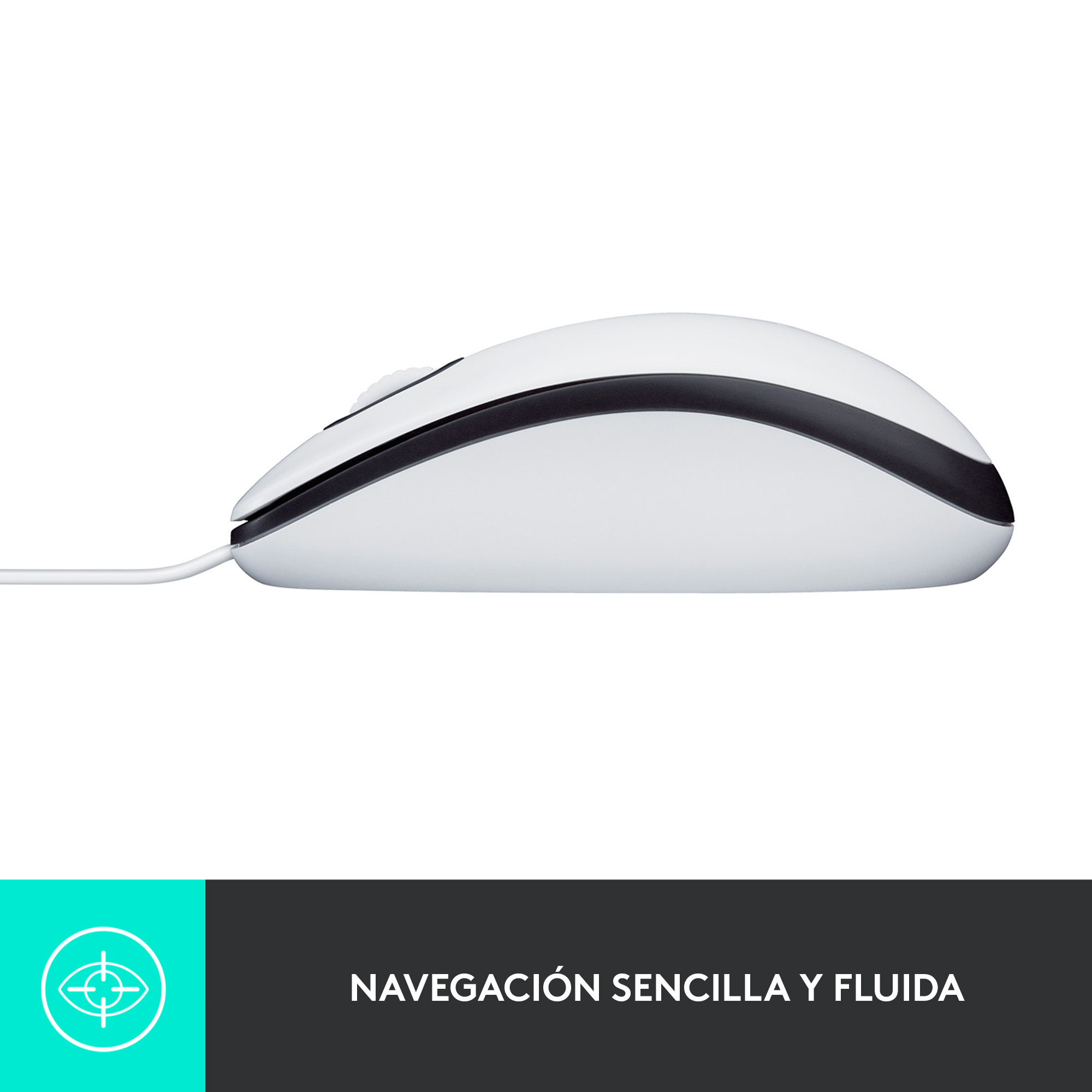 Ratón blanco con franja negra y cable sobre fondo blanco.