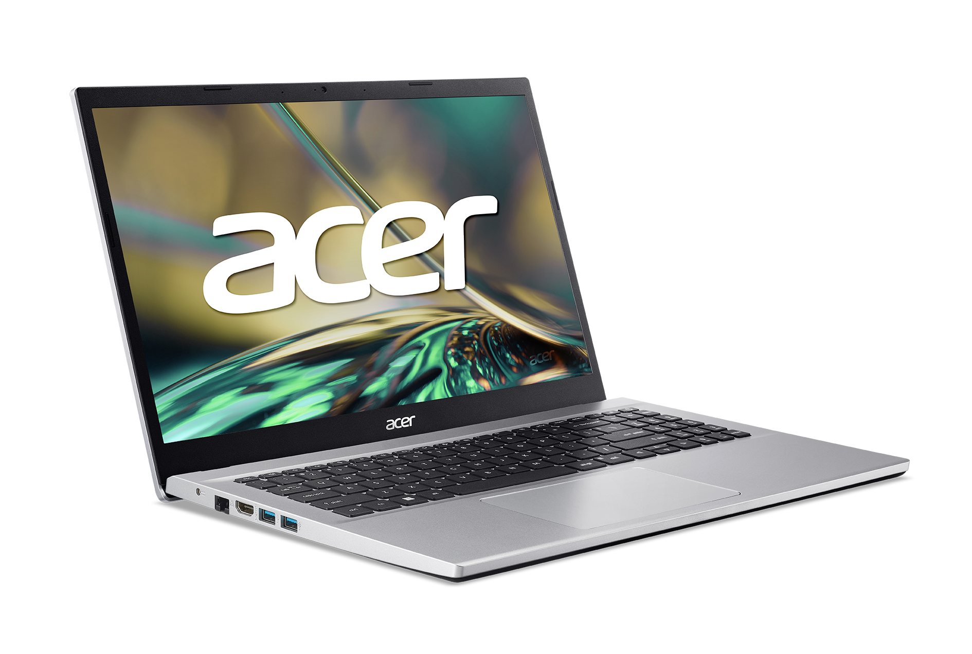 Portátil Acer plateado abierto sobre superficie negra. El logo de Acer visible en la pantalla.