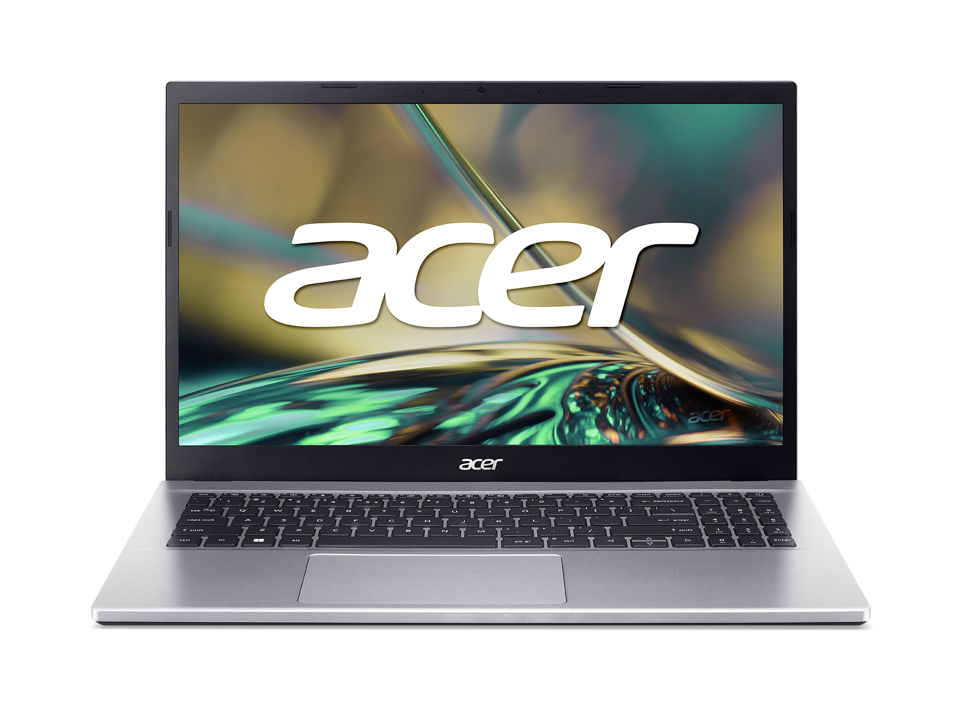 Portátil Acer plateado con teclado negro. La pantalla muestra el logotipo de Acer sobre un fondo borroso verde y dorado.