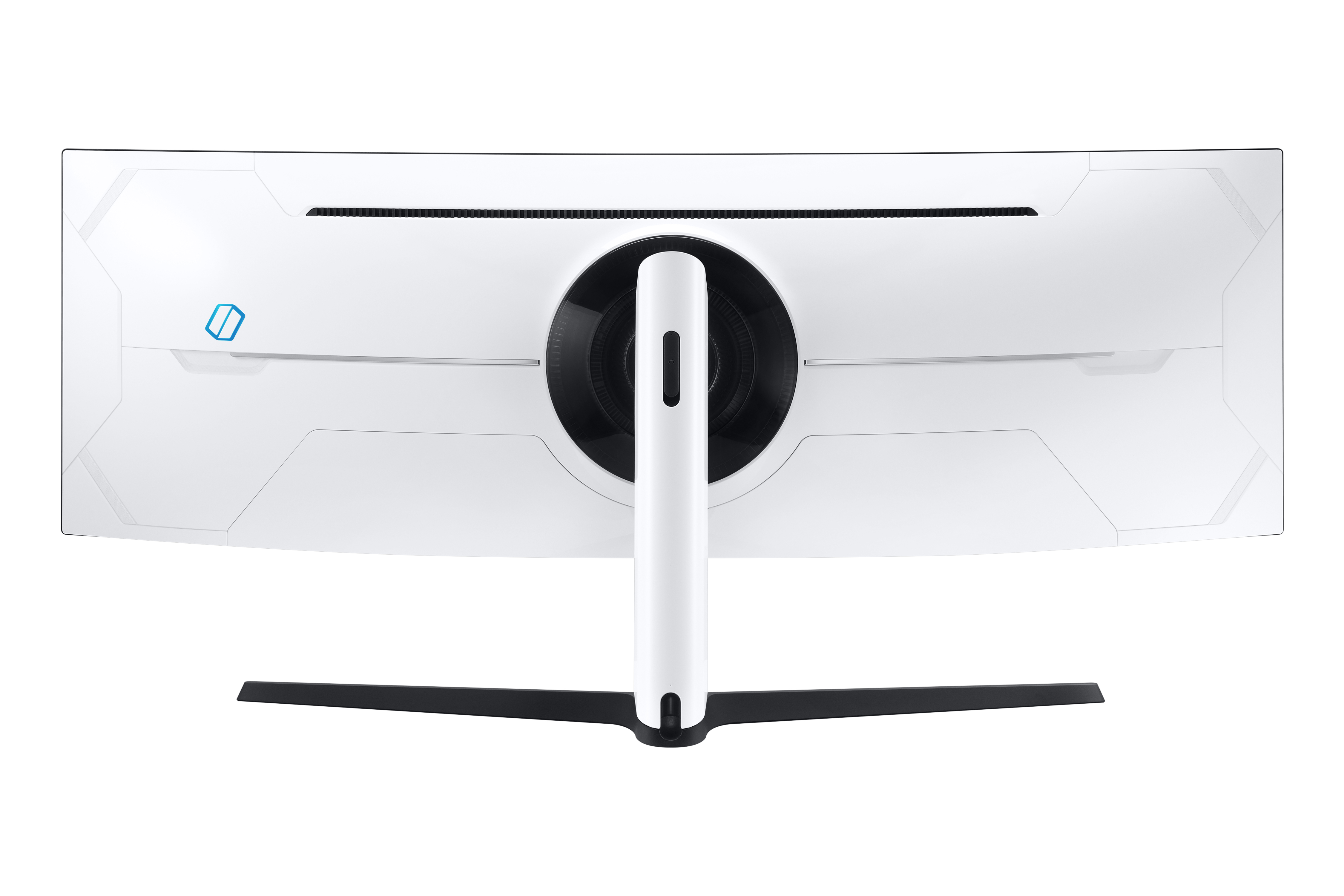 Monitor curvo blanco, vista trasera. Muestra soporte y características de diseño.