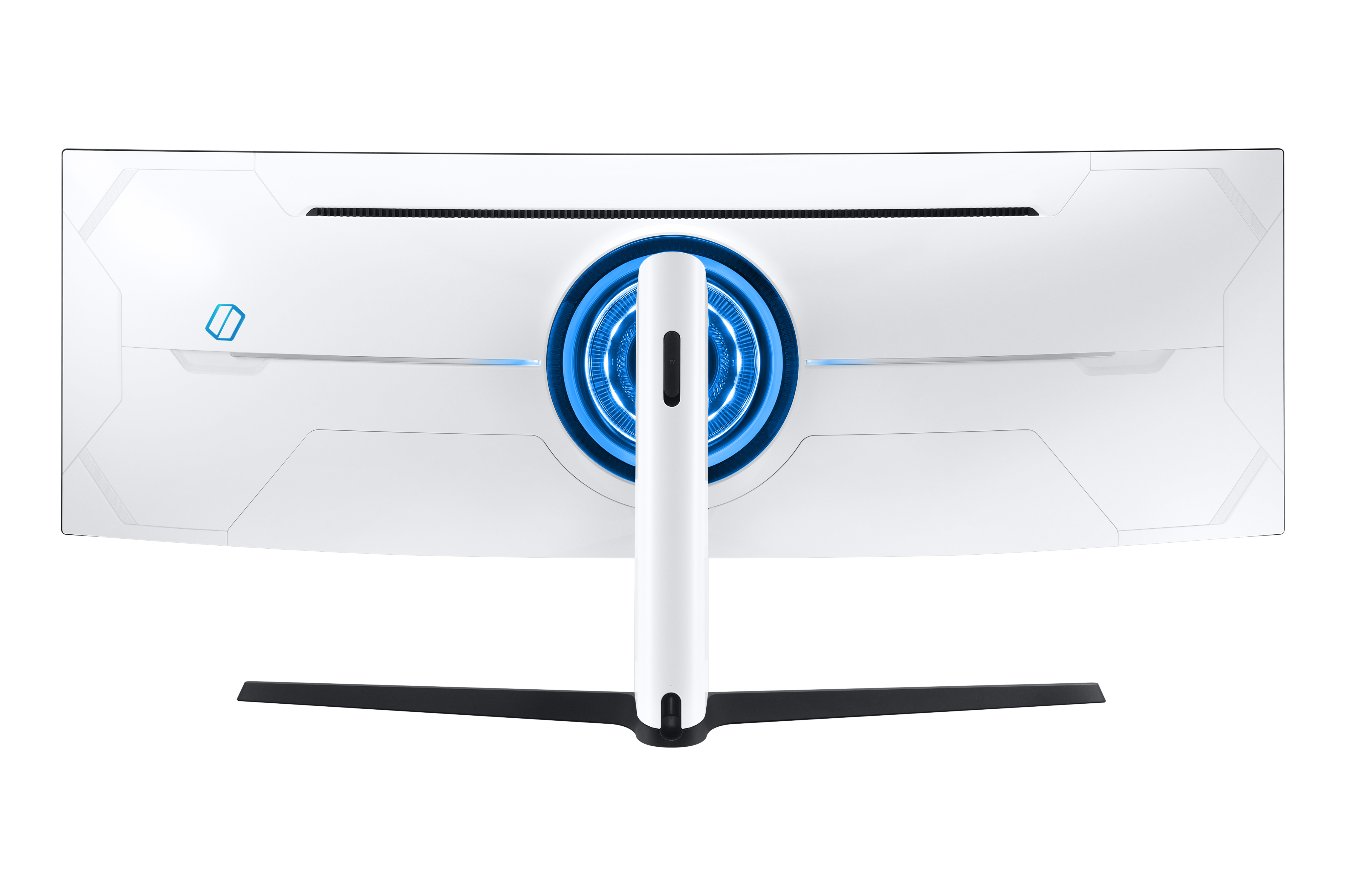 Parte trasera de un monitor de computadora blanco curvo con un anillo de luz azul y soporte.