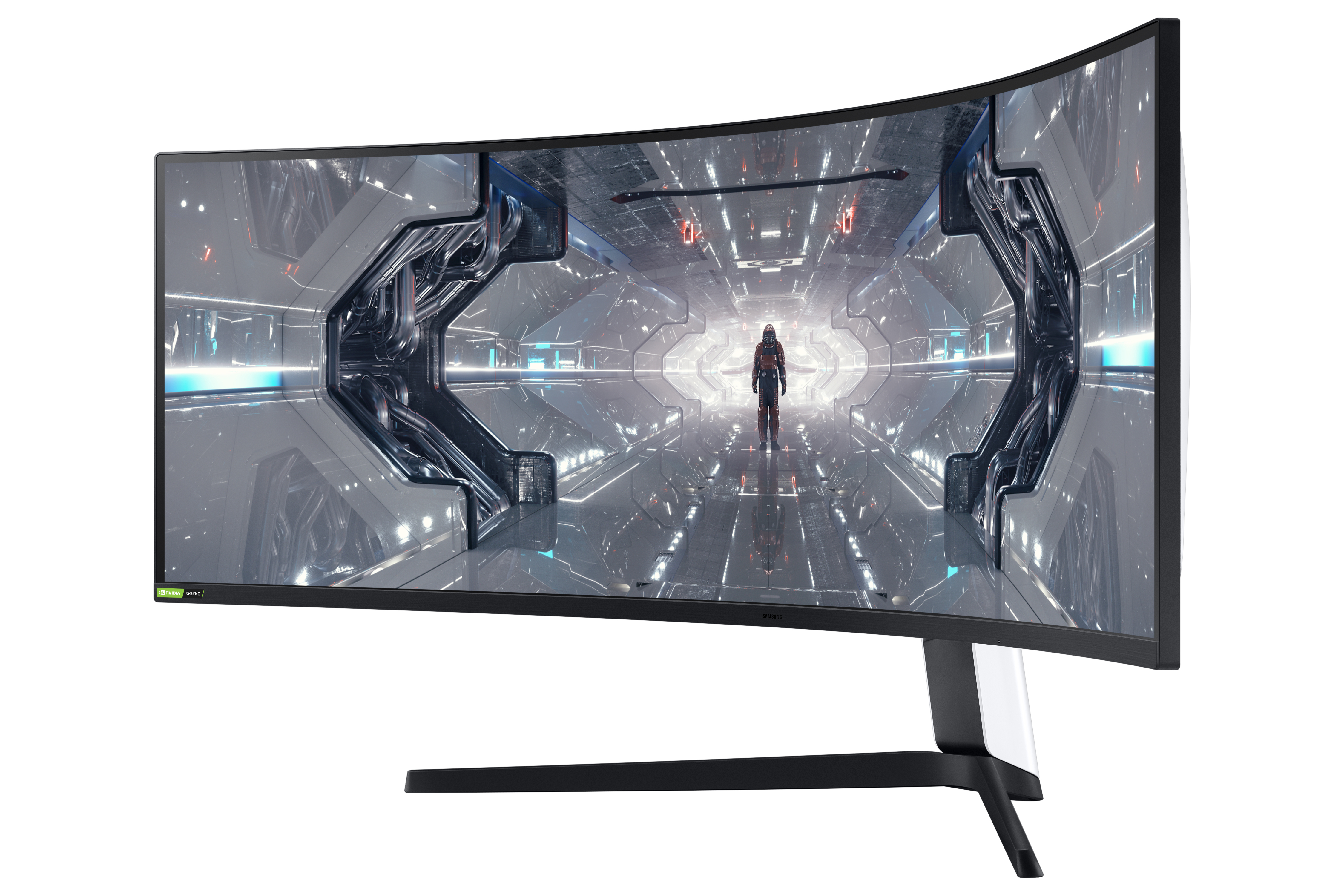 Monitor Samsung curvo que muestra una escena futurista de ciencia ficción.