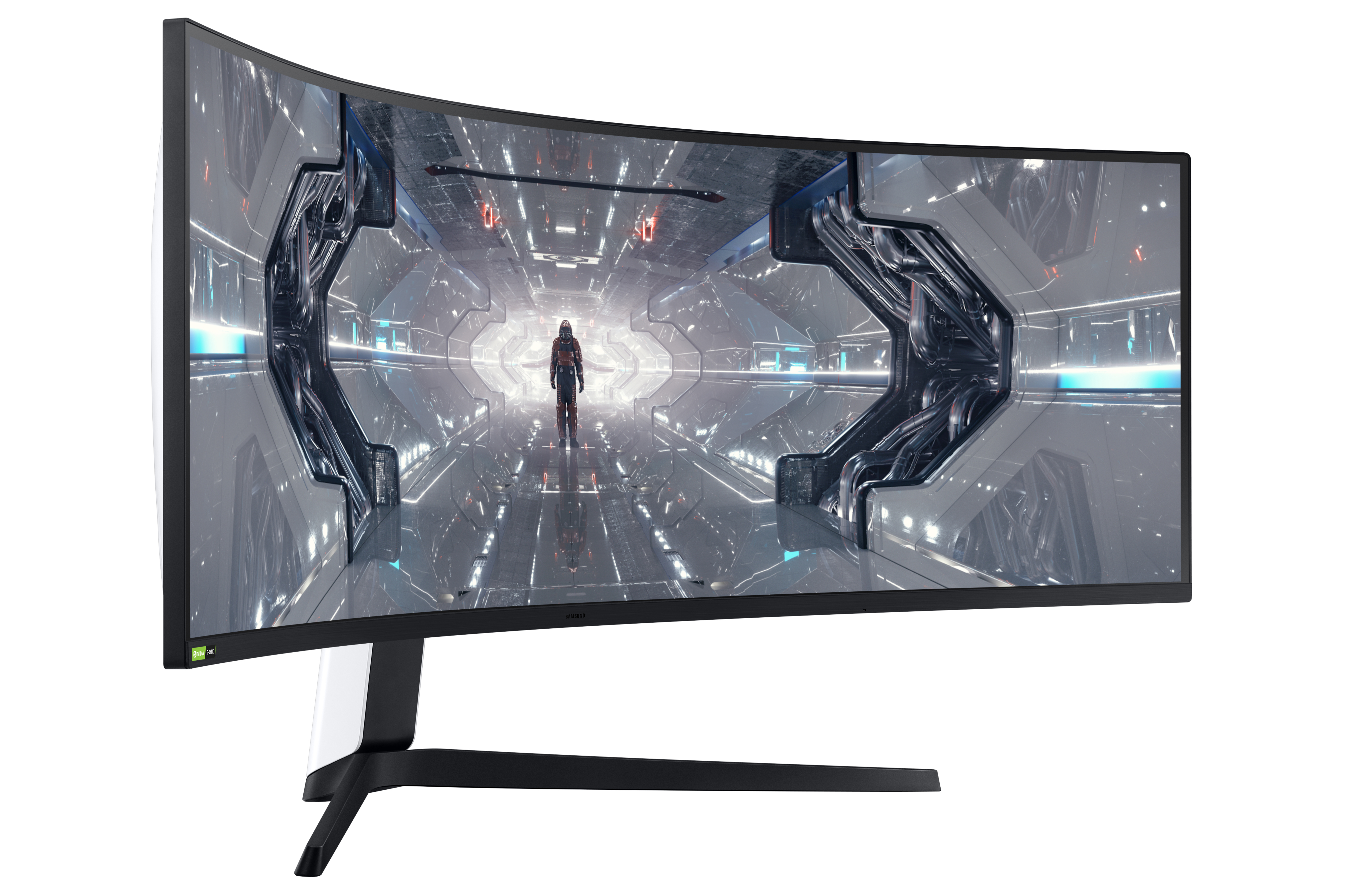 Monitor curvo que muestra una escena de ciencia ficción con una figura caminando por un corredor futurista.