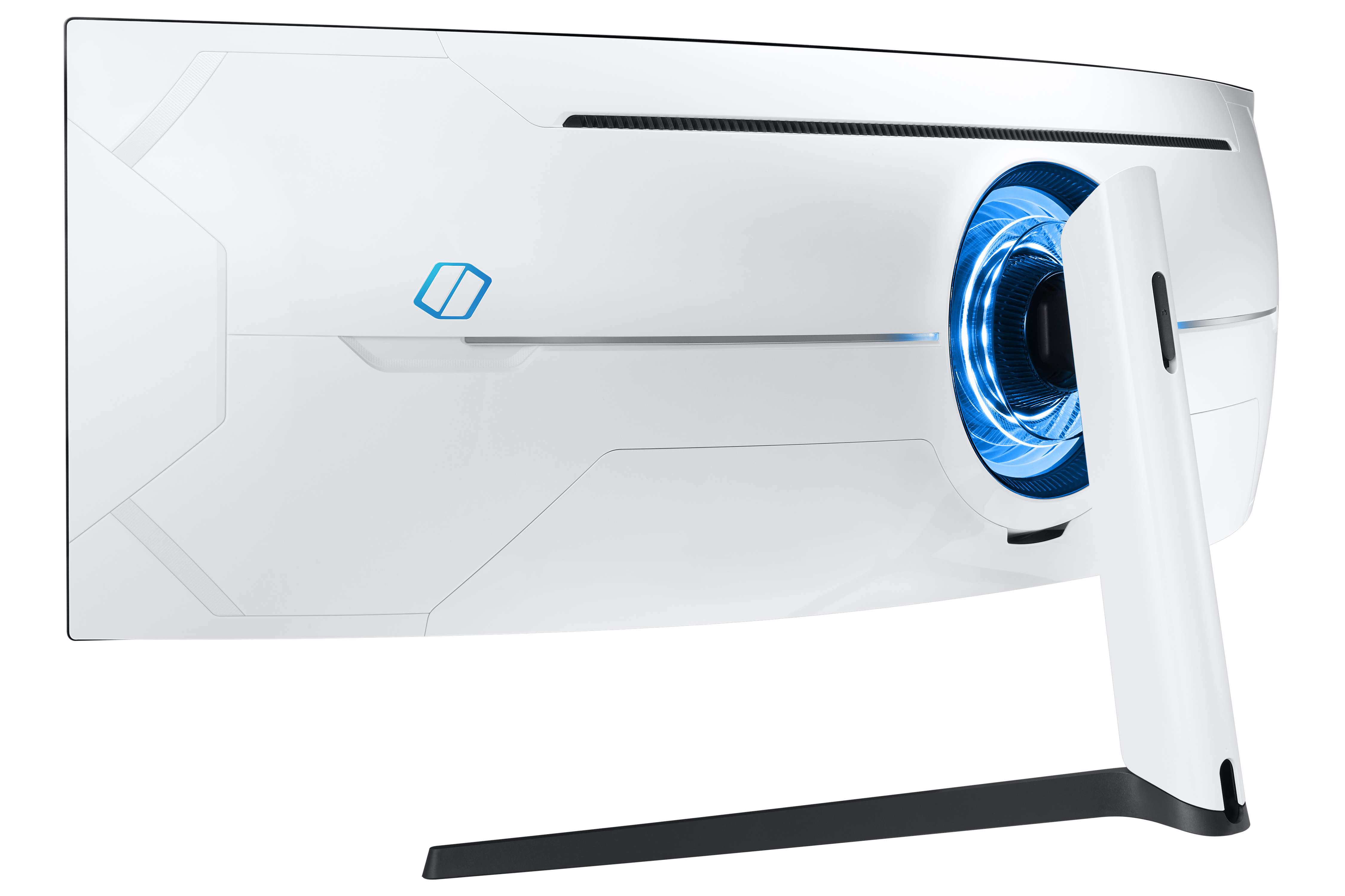 Parte trasera de monitor curvo blanco con luz azul y logotipo. Soporte blanco y base negra.