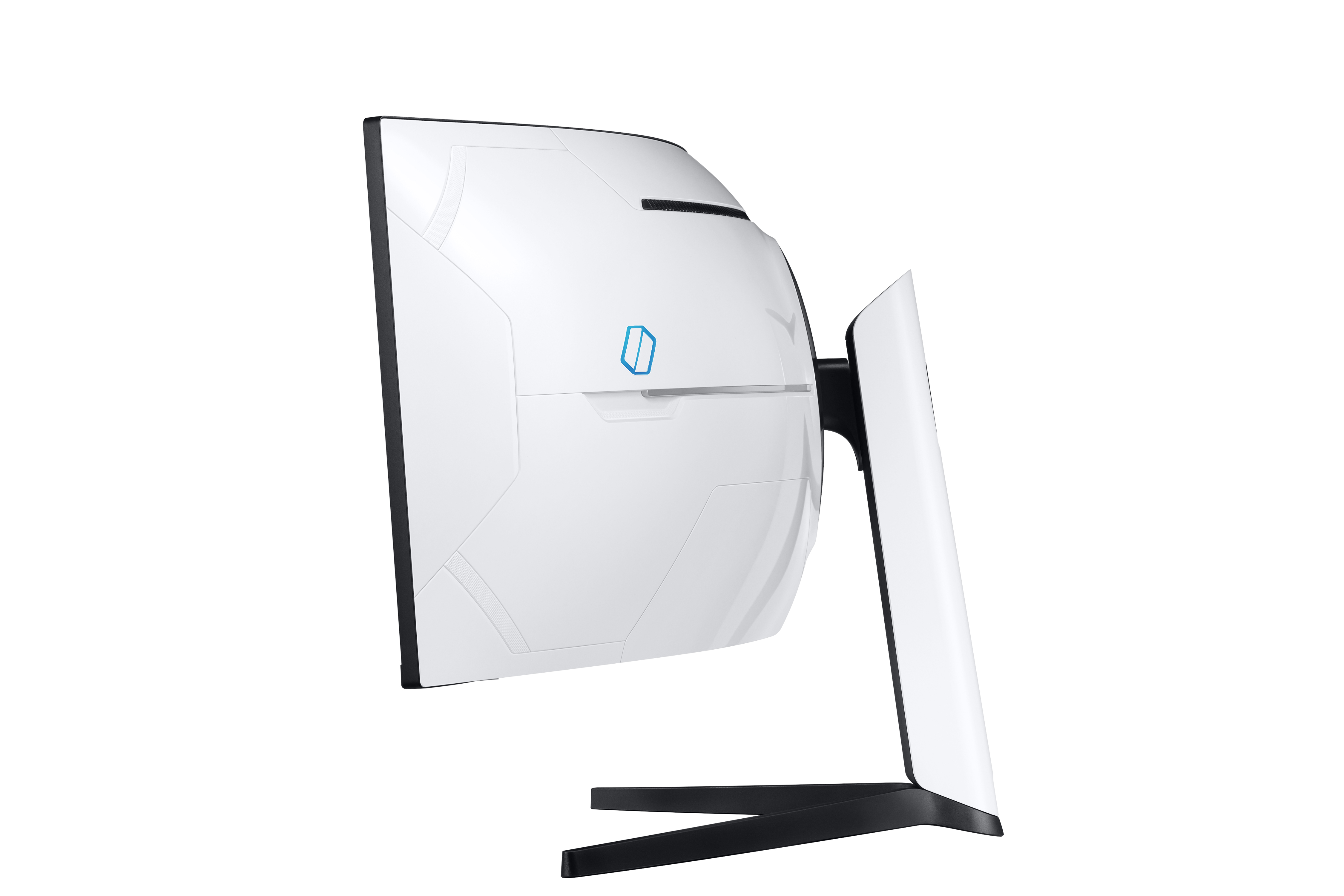 Monitor blanco con pantalla curva y soporte negro, aislado sobre fondo blanco.