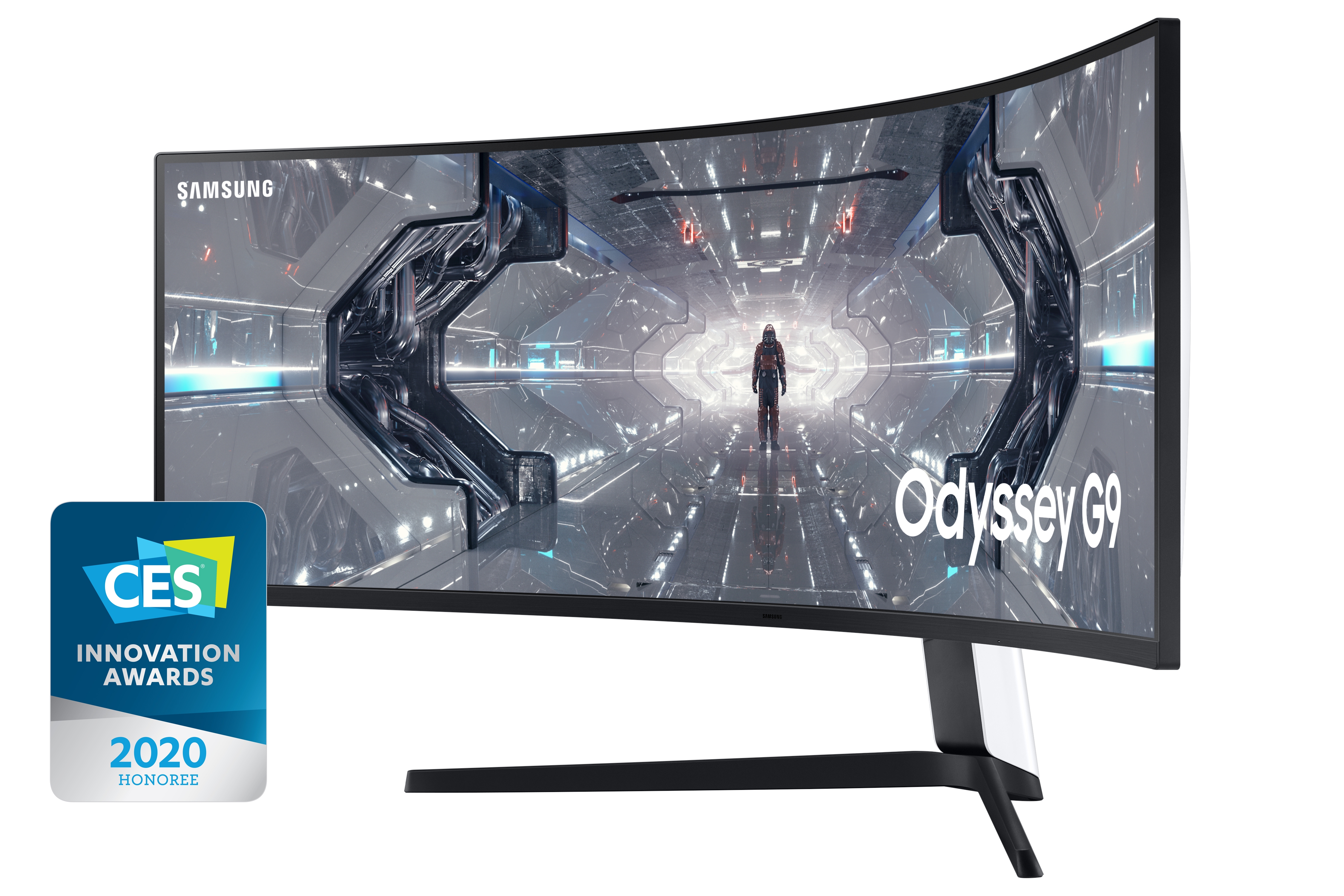 Monitor curvo Samsung Odyssey G9, insignia CES Innovation Awards, fondo blanco.