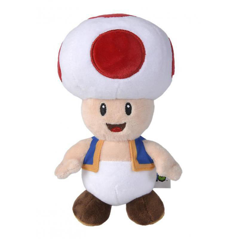 Ein Plüschtier von Toad aus Super Mario mit rotem Pilzhut, blauer Weste und weißem Körper.