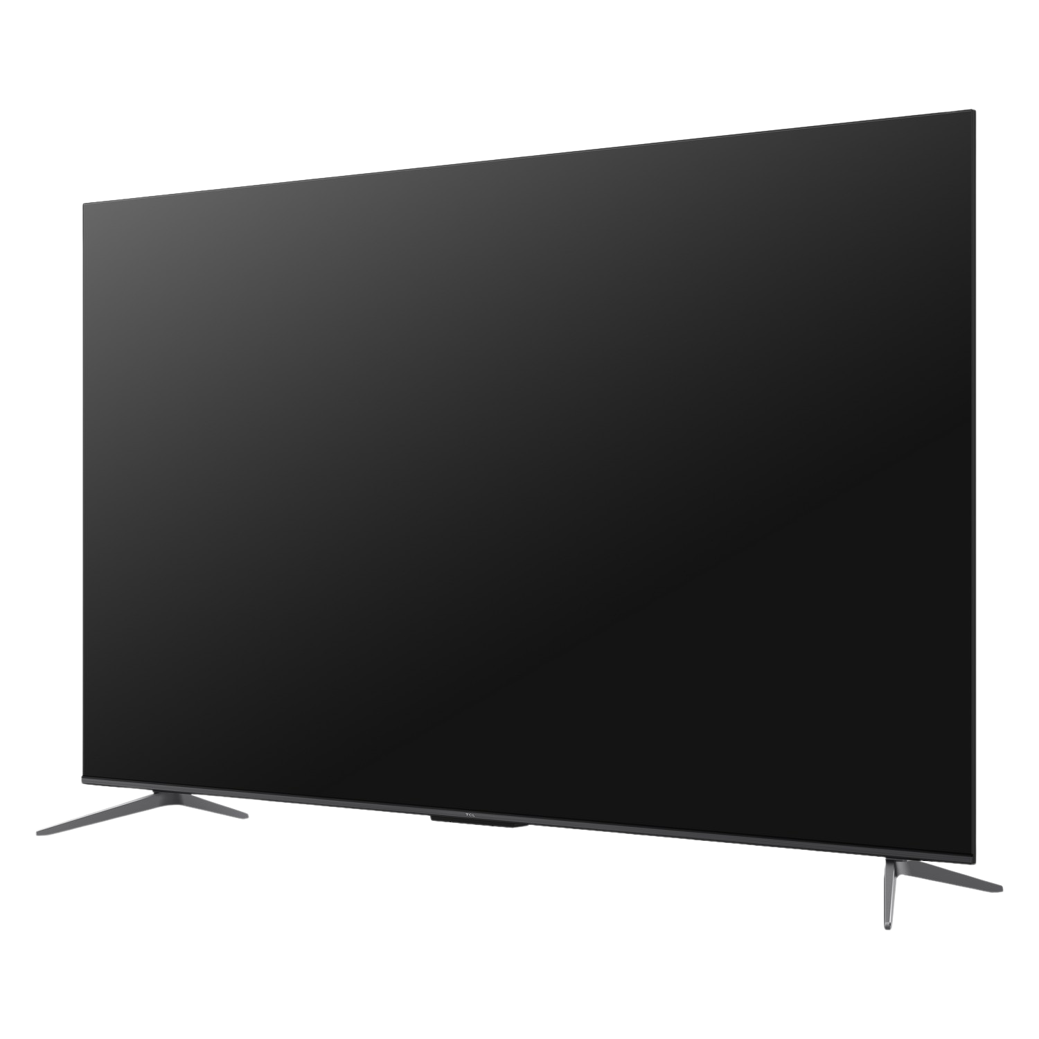 Groot zwart tv-scherm met zilveren standaard, op een zwarte achtergrond, zijaanzicht.