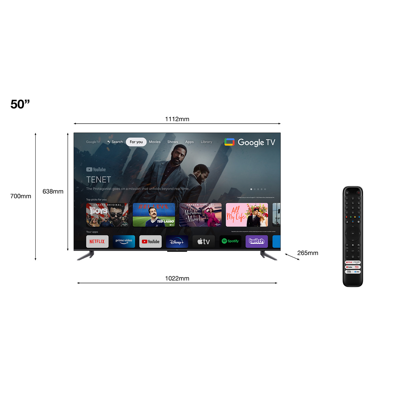 50-inch Google TV met inhoud en afmetingen. Afstandsbediening is ook zichtbaar.
