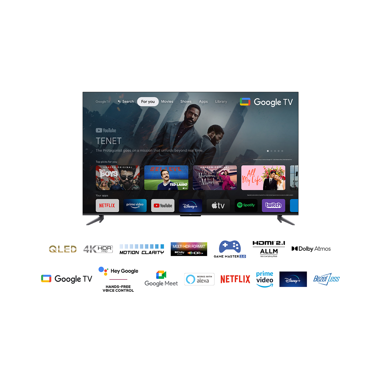 Een Google TV met verschillende app-pictogrammen en een film die wordt afgespeeld.