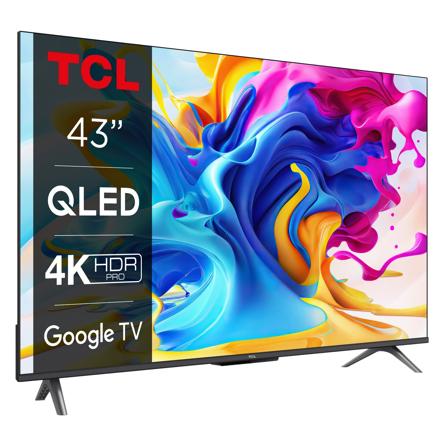 TCL 43" QLED 4K HDR Pro Google TV met kleurrijk abstract display.