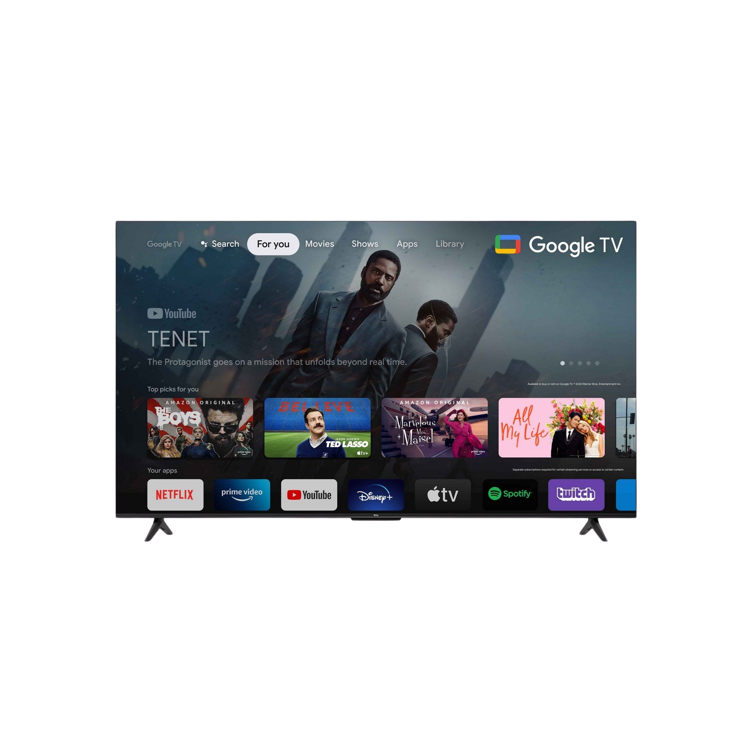 Google TV-interface op een zwarte tv, met films en apps. Een filmposter staat op de voorgrond.